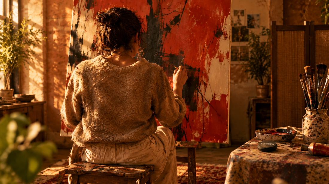 Un atelier chaleureux avec une toile abstraite : du temps retrouvé pour créer