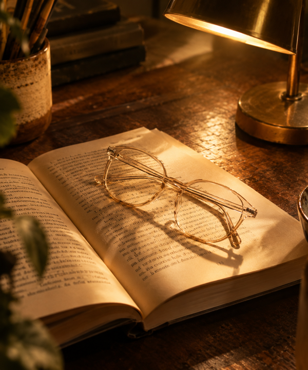 Des lunettes posées sur un livre ouvert, à la lumière dorée